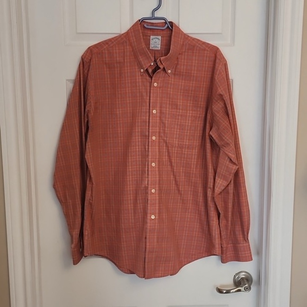 Vintage Brooks Brothers Orange Plaid Long Sleeve Slim Fit Size L.
